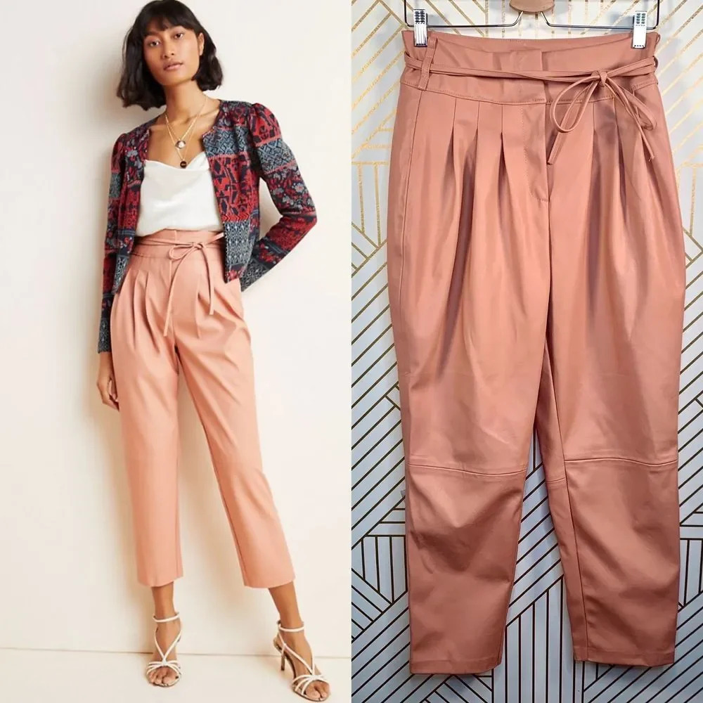 Anthropologie BlankNYC Chelsea Pants Faux Leather Pleated Tapered Pink Size 28